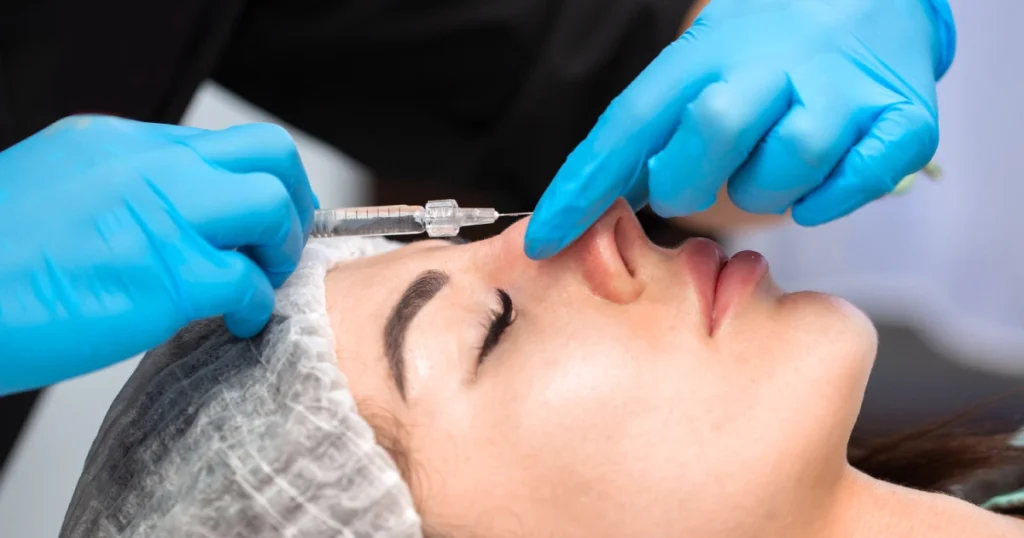 Close-up of a patient receiving a nose injection during a Non-Surgical Nose Job in Delray Beach, FL, with a gloved practitioner holding a syringe at the nasal bridge.